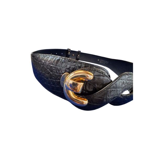 Vintage JULIUS RESNICK Black Leather Belt Women's size 33" Croc Print Old Money - Picture 3 of 10